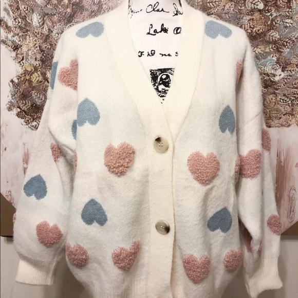 Sweater cardigan heart sweater cute button down fuzzy v-neck chunky - Picture 13 of 13